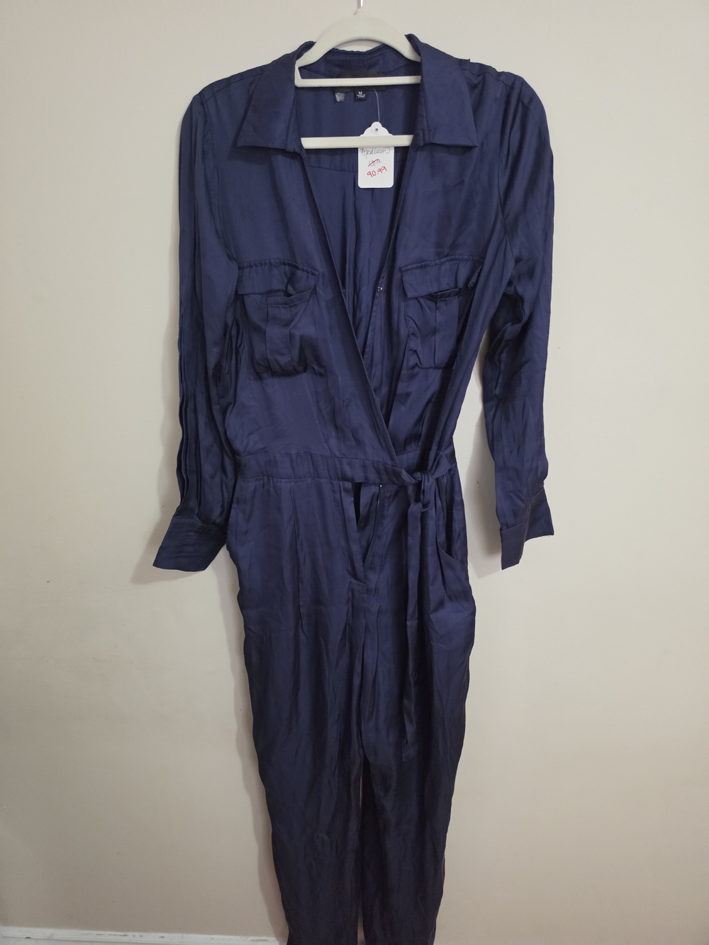 Adelyn Rae Navy Satin Wrap Jumpsuit with Self-Tie Waist